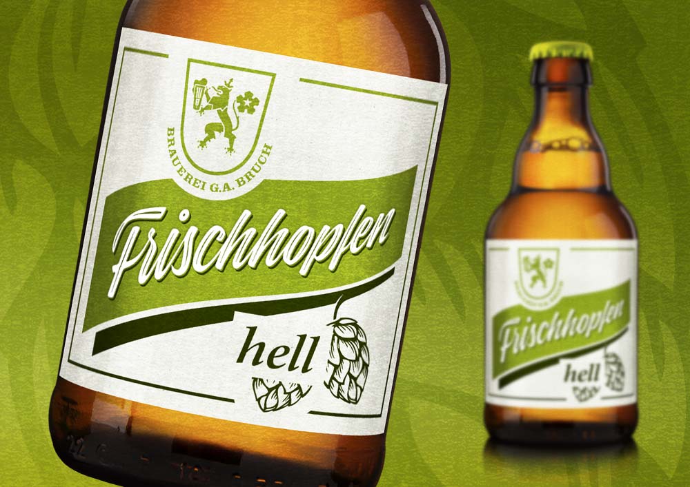 Branddesign, Etikettendesign des Sommerbieres Frischhopfen hell; Brauerei Bruch