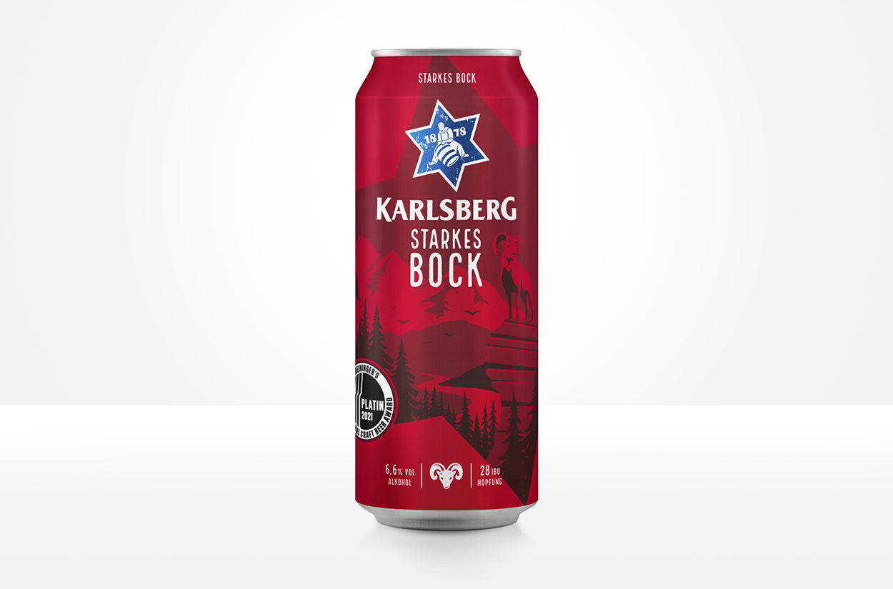 Designrelaunch für die Karlsberg Brauerei. Neugestaltung der Getränke dose der Sorte Starkes Bock, ein vollmundiges Bockbier