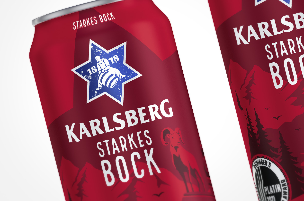 Designrelaunch für die Karlsberg Brauerei. Neugestaltung der Getränke dose der Sorte Starkes Bock, ein vollmundiges Bockbier