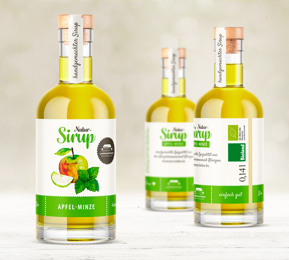 Etikettendesign Bio Sirup Apfel-Minze Landgasthaus Wintringer Hof