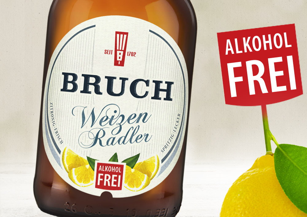 Etikettendesign, Plakatwerbung Weizen Radler alkoholfrei der Brauerei G. A. Bruch Saarbrücken