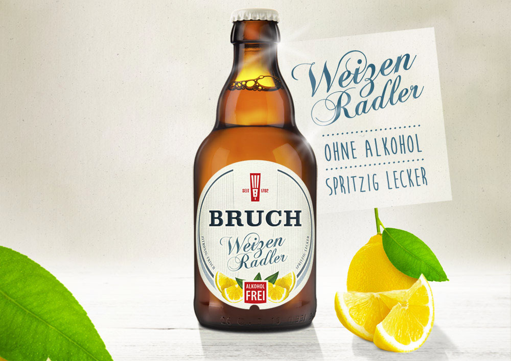 Etikettendesign, Plakatwerbung Weizen Radler alkoholfrei der Brauerei G. A. Bruch Saarbrücken